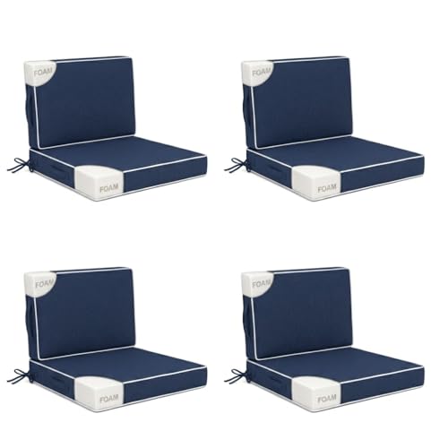 Jesovoso 25x25 in Outdoor Foam Deep Seat Cushion Set of 4, Water-Resistant & Fade-Resistant Outdoor Chair Cushions, Replacement for Patio Furniture Deep Seat Sofa & Couch,Navy Blue & White Trim