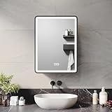 ELEGANT 450x600mm LED Bathroom Mirror Cabinet with Shaver Socket, Wall Mounted with Touch Button 3 Colour Light and Demister - Stainless Steel Black