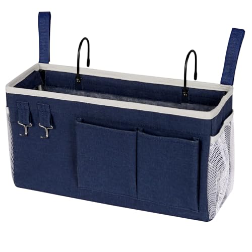 Image of Bedside Storage Caddy /Bedside Hanging Storage Bag for Headboards Bunk Beds Dorm Rooms Book Phone Magazine Holder (Navy Blue)