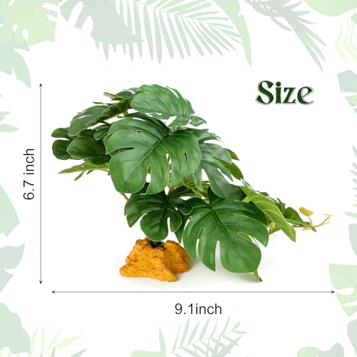 Filhome Reptile Plants for Terrarium, Ball Python Tank Accessories, Amphibian Habitat Decor Plant Bearded Dragon Tank Decorations for Gecko Lizard Chameleon Tortoise with Base - Fake Monstera - Thumbnail 2