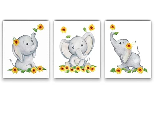 Image of Elephant and Sunflower Nursery Decor Wall Art -SET of 3 8x10 UNFRAMED Watercolor Nursery Prints will fit perfectly with your Baby Elephant Nursery Decor and Sunflower Baby Stuff! MADE IN USA
