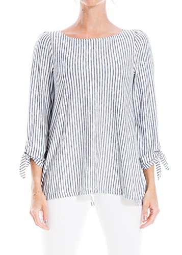 Max Studio Women's Tie Sleeve Knit Top, Ivory/Navy Dainty Stripe, Extra Large