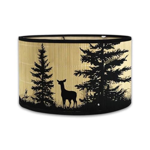 Morbuy Paralume a Tamburo E27 in Bambù, Stampa foresta cervo Paralume Sostituibile per Lampada da Tavolo, Lampadario, Lampada da Terra, Lampada Accessorio, Decorazioni per Casa (Beige)
