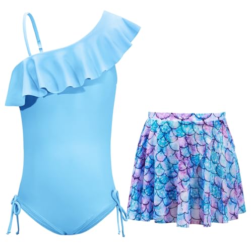 Girls One Piece Swimsuits with Skirt Ruffle One Shoulder Beach Surf Pool Party Bathing Swimsuits for Teen Girls 6-12Y