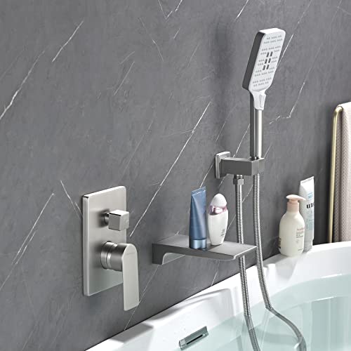 Wall Mounted Bathtub Faucet With Hand Sprayer Tub Faucet Shower Faucet Set With Waterfall Tub Spout Rough-In Valve Trim Kit Tub Filler Faucets Brushed Nickel #TOP1