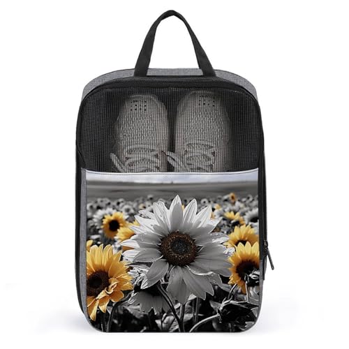 Black And White Sunflowers Shoe Bags for Travel Portable Shoes Pouch with Handle Waterproof Shoes Carrier with Zipper Fashion Sneaker Storage Organizer Gifts for Men And Women