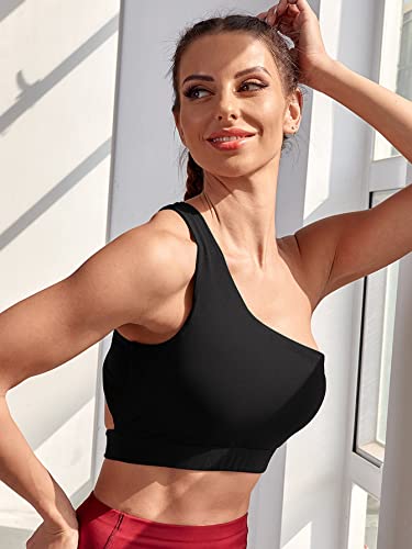 Verdusa Women's One Shoulder Backless Padded Support Yoga Sports Bra Black M #TOP2