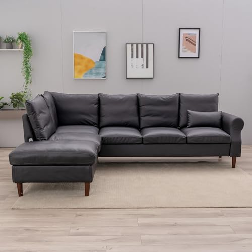 Panana Upholstered Sofa Couch Linen Fabric/Artificial Leather L Shaped Corner Sectional Modern Living Room Sofa (Black Faux Leather, 6 seat Left Corner with Built-in USB Port)
