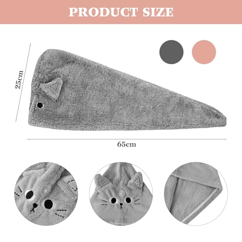 ASFWAGQ 2 Stück Mikrofaser Haartuchwickel Schnelltrocknend Haarturban Absorbierender Haartuch Niedlich Hair Plopping Towel Curly Dunkelrosa Grau Katze für Frauen Mädchen