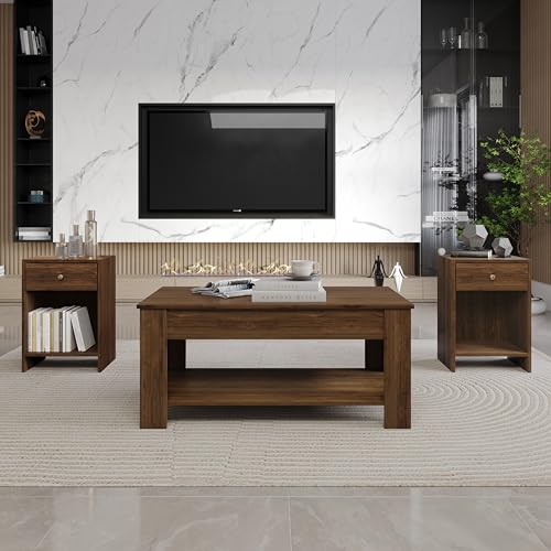 HOME DESIGN Magnolia 3 Piece Coffee Table Set, Lift-Top Coffee Table with Hidden Storage and 2 End Tables, Living Room Wood Furniture, Brown