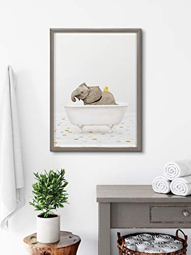 Kate And Laurel Blake Baby Elephant Bath Time With Rubber Ducky Framed Printed Glass Wall Art By Amy Peterson Art Studio, 18X24 Gray, Cute Animal Art For Wall #TOP19