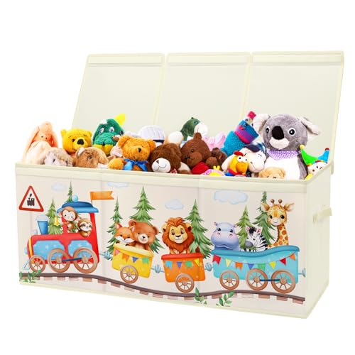 decalsweet Caja de Juguete Extra Grande con Tapa Abatible, Caja Almacenaje Oxford Plegable con Asa para Niños Niñas, Baúl Juguetes y Almacenamiento Impermeable Resistente, 96×32×40 (Tren de animales)