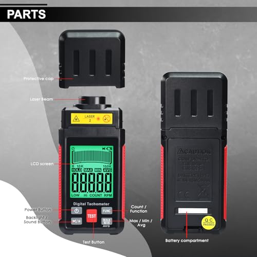 Digitales RPM Tachometer 99.999 U/min Laser-Tester mit MAX/MIN/AVG, 2 Messmodi für Kraftfahrzeuge, Industrie, DIY Motordrehzahlmessung