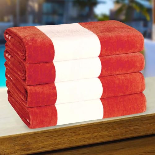 SUPERIOR Cotton Striped Beach Towels, Colorful Towels for Adult, Kid, Pool, Swimming, Sand, Travel, Large Oversized, Absorbent, Fast Drying, Bath Basics, Cabana Collection, Set of 4, Coral