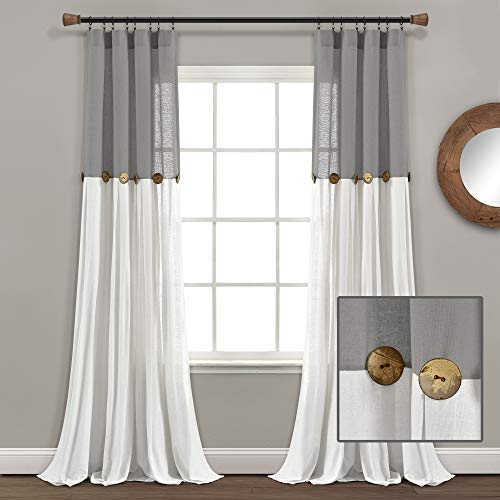 Lush Decor Linen Button Farmhouse Curtains, Single Panel, Pleated Two Tone Design 40"W X 95"L, Dark Gray & White #TOP4