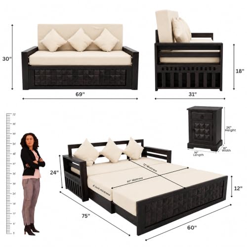 Image of SONA ART & CRAFTS Diamond Sheesham Wood Sofa Cum Bed with Bedside | 3 Seater with Storage and Side Pockets for Living Room Organizer Furniture Sofa Bed Home, Bedroom (Walnut Finish)