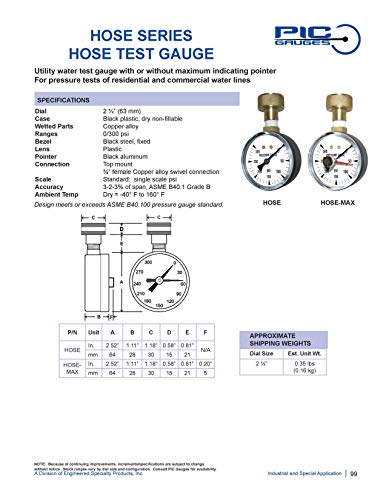 Pic Gauges Hose-Max Hose Test Gauge With Hose End Connection And Maximum Pressure Indicator 2.5 Dial Size 0/300 Psi Range #TOP5