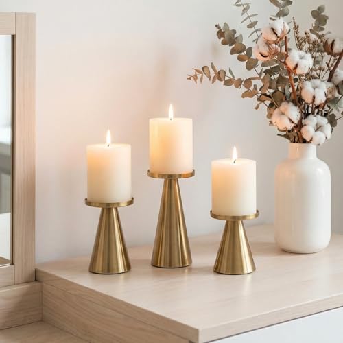 Gold Iron Plate Candle Holder Set of 3-4 & 4.7 & 6.4 Inch Tall Decorative Iron Pillar Candle Plate Elegant Candle Stand for LED & Wax Candles Incense Cones Spa Weddings (Candles Not Including)