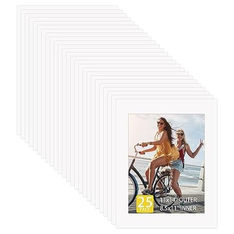 EXYGLO 25 Packs 11x14 Picture Mats for 8.5x11 Photo, Frame Matting with White Core Bevel Cut, Pre Cut Mattes for Photo, Prints, Art work, White Cover