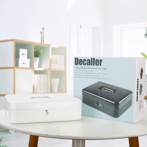 Image of Metal Cantilever Cash Box with Key Lock, Decaller Large Lock Money Box - 5 Compartments & 4 Spring-loaded Clips for Bills, White, 11 4 /5 inch x 9 2 /5 inch x 3 1 /2 inch, QH3010L