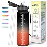 Mulbijeo Trinkflasche 1L, BPA-Frei, Wasserflasche Kohlensäure Geeignet, Wasserflasche Auslaufsicher, Trinkflasche mit Strohhalm, Zeitanreiz, Sportflasche für Laufen, Fahrrad, Fitness, Party