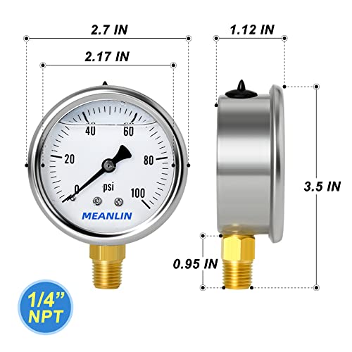 Meanlin Measure 0~100Psi Stainless Steel 1/4" Npt 2.5" Single Scale Face Dial,Glycerin Filled Fuel Pressure Gauge, Wog Water Oil Gas Lower Mount, With 1/4" X 1/2" Npt And 1/4" X 3/8" Npt Hex Bushing #TOP1