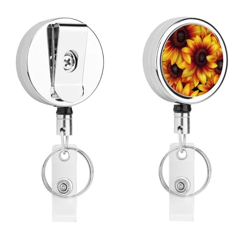 Sunflowers Floral Retractable Badge Holder Metal ID Name Holder Key Ring with Belt Clip