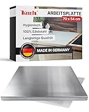 KOCH #87 Hygienisches Edelstahl Schneidebrett 70 x 54cm, 1 Kantung - Knetbrett, Arbeitsplatte - rostfrei, antibakteriell, satinierte Oberfläche - MADE IN GERMANY - incl. waschbarer Antirutschmatte!