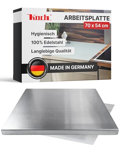 Koch Arbeitsplatte Edelstahl I 70 x 54 cm I Arbeitsfläche, Schneidebrett & Knetbrett mit Anschlagkante I Hygienisches & rostfreies Küchenbrett I Extra robust, langlebig & antibakteriell #87