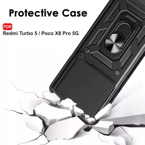Image of TheGiftKart Tough Armor Bumper Back Cover Case for Mi Redmi Turbo 5 5G / Poco X8 Pro 5G | Kickstand & Ring Holder | 360 Degree Protection Back Cover Case (PC & TPU, Sliding Camera Cover, Black)