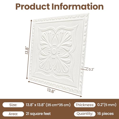 Ceiling Tiles, Ceiling Tiles Peel and Stick Foam, 16 Pcs, Covered 21 Sq.Ft, 3D Wall Panels Peel and Stick, Easy to Use and Cut for Ceiling and Interior Wall Decor, Plain White(13.8 x 13.8 inch)