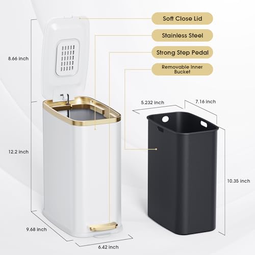 CEROELDA Small Bathroom Trash Can with Lid Soft Close-5L/1.3 Gal Stainless Steel Garbage Can-Step Pedal Wastebasket Slim Trash Bin for Office, Bedroom, Toilet, Live Room-White by CEROELDA - Image 5