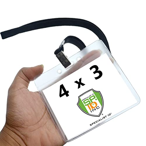 10 Pack - 4X3 Name Badge Holder With Lanyard - Clear Plastic Horizontal 4 X 3 Event Card Protector, Trade Show Ticket, Conference Nametag Holder By Specialist Id (Black) #TOP1