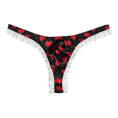 Msemis Men's Low Rise Bikini Briefs Underwear T-Back Underpants Printed Pouch G-String Thongs Black Red Heart Medium #TOP2