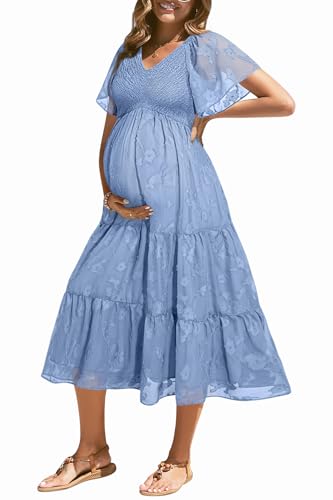 Image of Pinup Fashion Maternity Summer Dress Baby Shower Easter Pregnancy A-Line | Smocked V-neck, flutter sleeves, breathable floral fabric, bump friendly, perfect for photoshoot, spring casual,postpartum