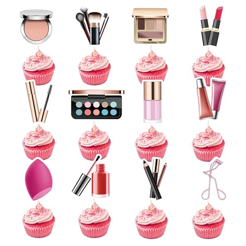 Makeup Cupcake Toppers Birthday Girls - 24 Pcs Makeup Cake Cupcake Toppers Table Decor For Women Conquette Bridal Shower Pink Birthday Party Decorations Spa Cosmetics Make Up Party Supplies Picks