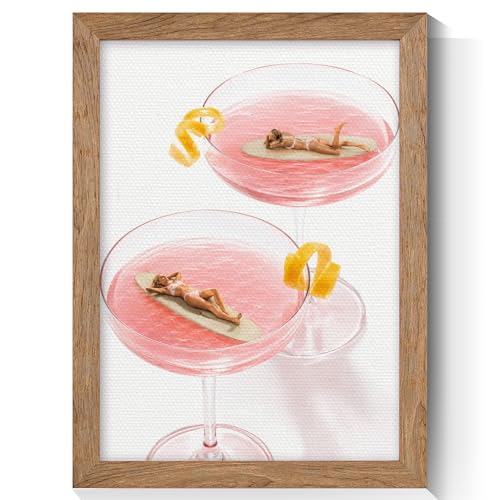 Golden Framed Coastal Groove Cocktail Surf Canvas Wall Art, Retro
