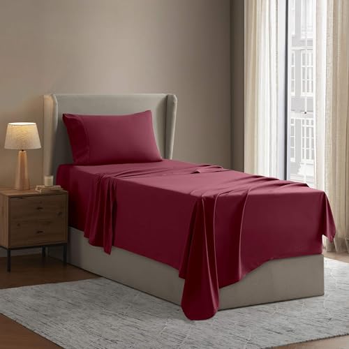 Image of Nestl Twin XL Bed Sheet Set - Burgundy Red - 3-Piece Deep Pocket | Instantly Soft, Night-One Ready (No Wash Required). Fits 16-Inch Deep Pockets, 360-Degree Elastic Grip