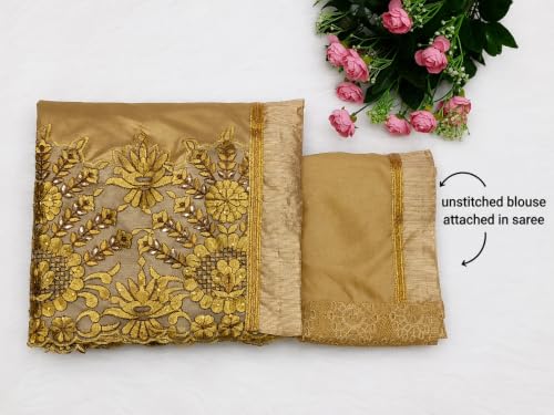 Image of TRENDMALLS Women's Lycra Embroidery With Stone Work Saree with Unstitched Blouse