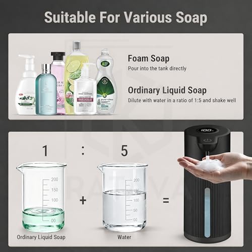 Image of 450ML Automatic Touchless Foam Dispenser, Rechargeable Sensor Foaming Dispenser with Digital Display, 4-Speed Adjustable Foam Control, Electric Auto Dispenser for Bathroom & Kitchen (Black)