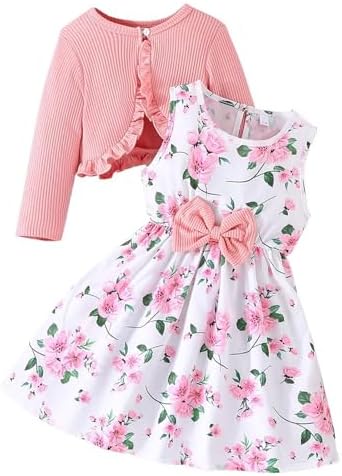 Adixun Girl Dress Toddler Long Sleeve Dresses A-line Floral Casual Party Dress with Cardigan Sets for Little Big Kids(8-9 Years,Pink)