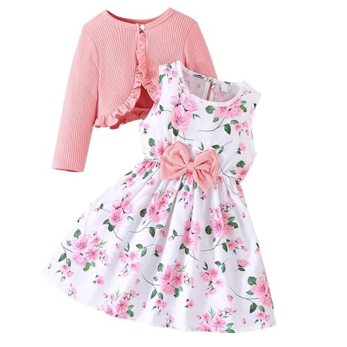 Adixun Girl Dress Toddler Long Sleeve Dresses A-line Floral Casual Party Dress with Cardigan Sets for Little Big Kids(6-7 Years Pink)