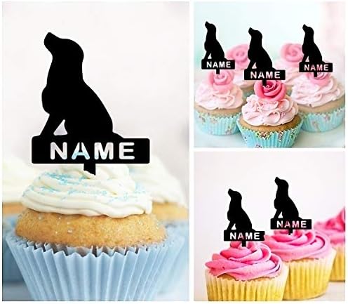 TA0804 Sitting Dog Silhouette Party Wedding Birthday Acrylic Cupcake Toppers Decor 10 pcs with Personalized Your Name