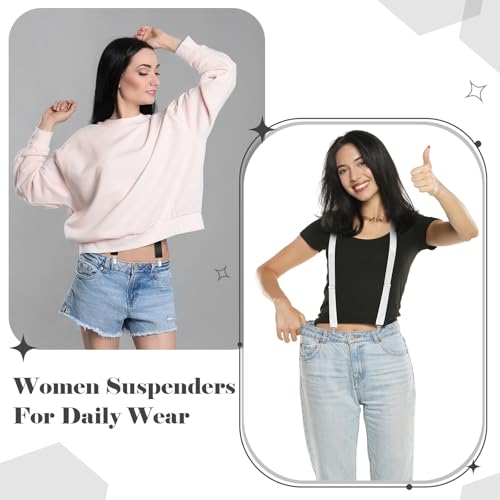 Janmercy 2 Pcs Hidden Suspenders for Women Pants Under Clothes 1\" Width Thin X Back Ladies Suspenders for Jeans Undergarment(Black,White)