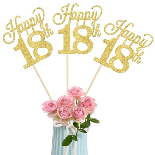 12 Pack Happy 18th Centerpiece Sticks Glitter Number 18 Eighteen 18th Birthday Table Flower Centerpiece Sticks for Cheers to 18 Years Old 18th Birthday Theme Party Supplies Gold