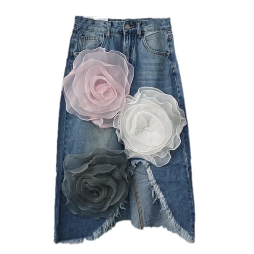 Women's Denim Skirts Irregular Burrs Split A-line Sliced Flowers Long Skirt Summer