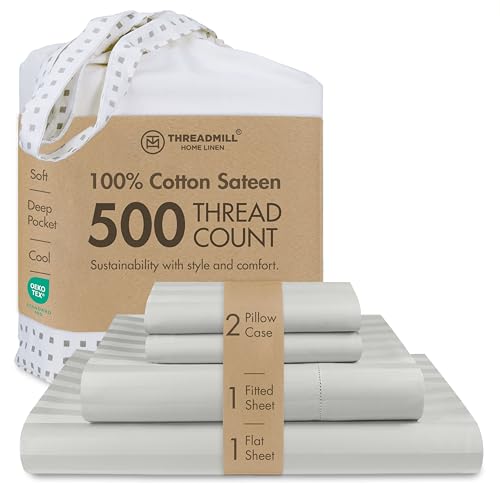 Threadmill 500 Thread Count Queen Size Damask Stripe, 4 Pc Luxury Cotton Bedding Set, Breathable Light Grey Sheets with 16