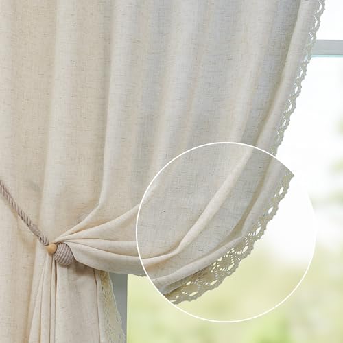 jinchan Linen Curtains for Living Room Bedroom Light Filtering Semi Sheer Curtains Boho Farmhouse French Country Cottage Core Decor Window Drapes Back