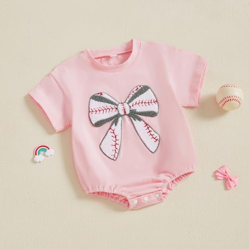 Newborn Summer Outfit Baby Girl Baseball Bow Embroidery Bubble Romper Short Sleeve One Piece Bodysuit2