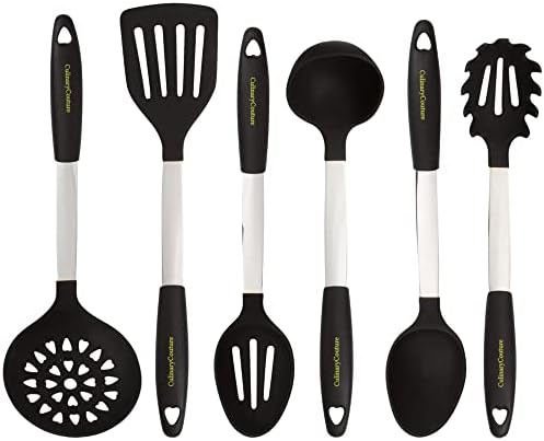 Culinary Couture Orange Cooking Utensil Set - Stainless Steel & Silicone Heat Resistant Professional Kitchen Tools - Spatula, Mixing & Slotted Spoon, Ladle, Pasta Fork Server, Drainer - Bonus Ebook!